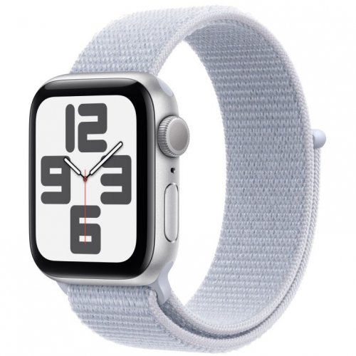 Apple Watch SE 2024, 44 мм, корпус из алюминия серебристого цвета, спортивный браслет дымчато-голубого цвета, MXET3Q