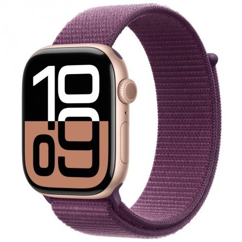 Apple Watch Series 10, 42 mm, rose gold aluminum case, plum-colored sports bracelet, MWWK3Q