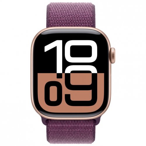 Apple Watch Series 10, 42 mm, rose gold aluminum case, plum-colored sports bracelet, MWWK3Q