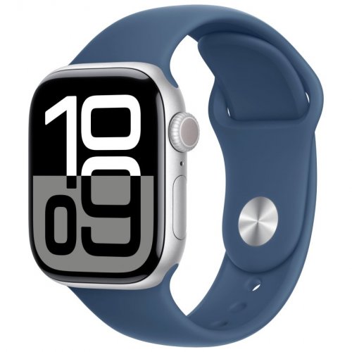 Apple Watch Series 10, 46 мм, корпус из алюминия цвета серебристый, спортивный ремешок цвета «синий деним» M/L, MWWM3Q