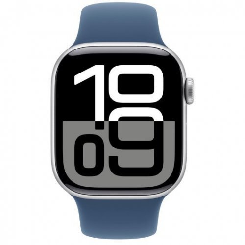 Apple Watch Series 10, 46 мм, корпус из алюминия цвета серебристый, спортивный ремешок цвета «синий деним» M/L, MWWM3Q
