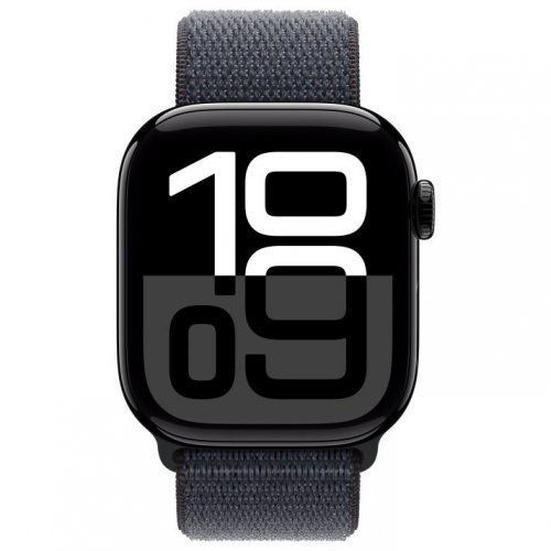 Apple Watch Series 10 GPS + Cellular, 42 mm, glossy black aluminum case, dark blue sports bracelet, MWX83Q