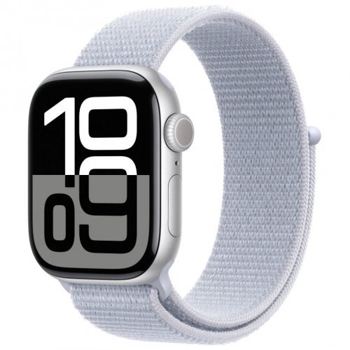 Apple Watch Series 10 GPS + Cellular, 46 мм, корпус из алюминия серебристого цвета, спортивный браслет дымчато-голубого цвета, MWY23Q