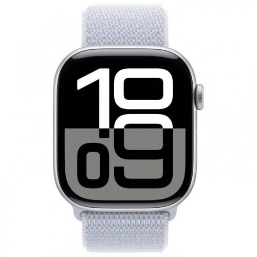 Apple Watch Series 10 GPS + Cellular, 46 мм, корпус из алюминия серебристого цвета, спортивный браслет дымчато-голубого цвета, MWY23Q